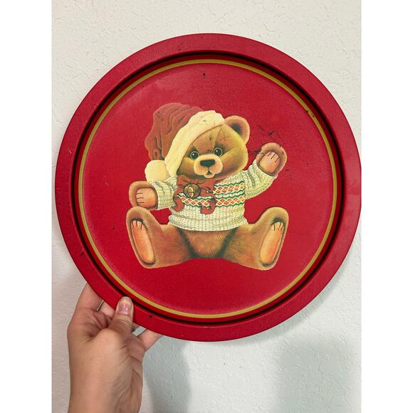 Holiday Teddy Bear 80s Round Plate Metal Tin-  red wear-Made in Taiwan - Picture 1 of 4